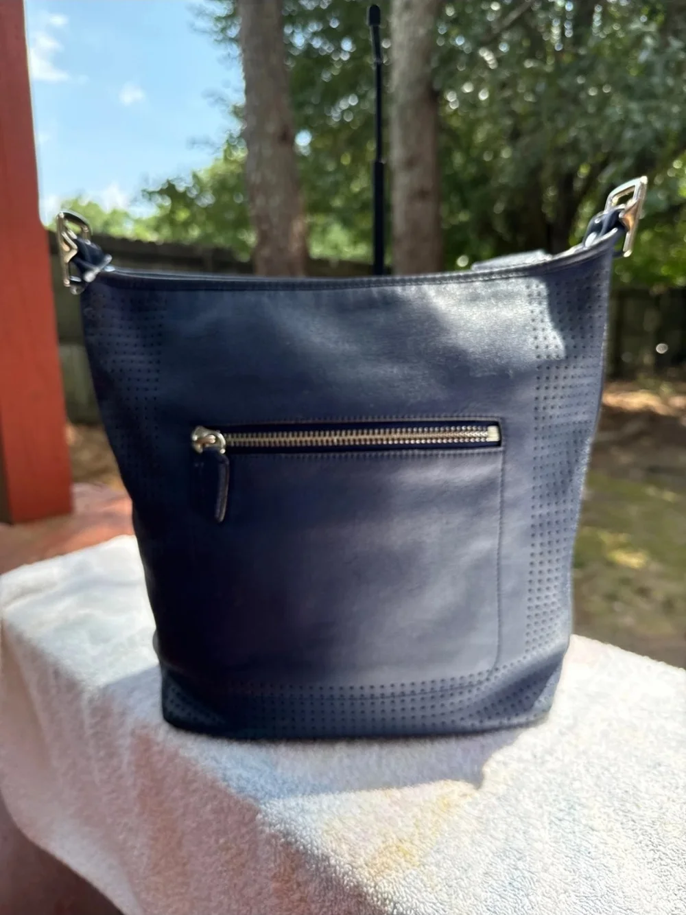 Coach Perforated Legacy Leather Bucket Bag in Navy No Strap